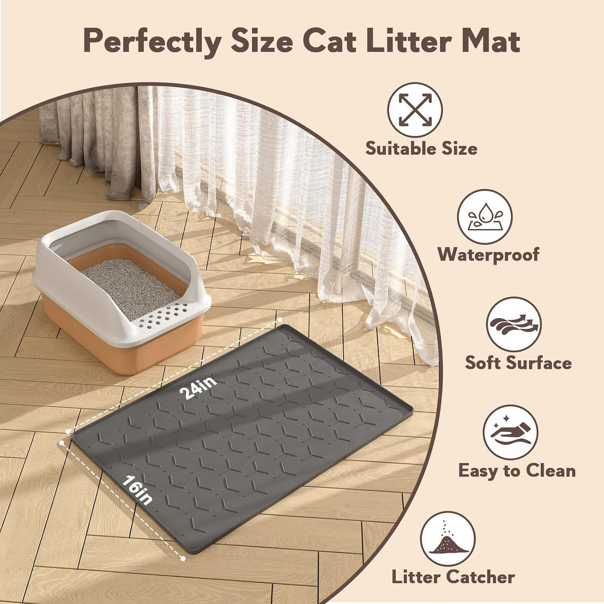 Garoopion Silicone Cat Litter Mat 24×16 inch, Easy to Clean, Dark Gray | Waterproof Silicone Mat with Raised Edges, Catch Litter, Protect Floor from Urine, Multi-Use for Dog/Sink/Kitchen/Boots