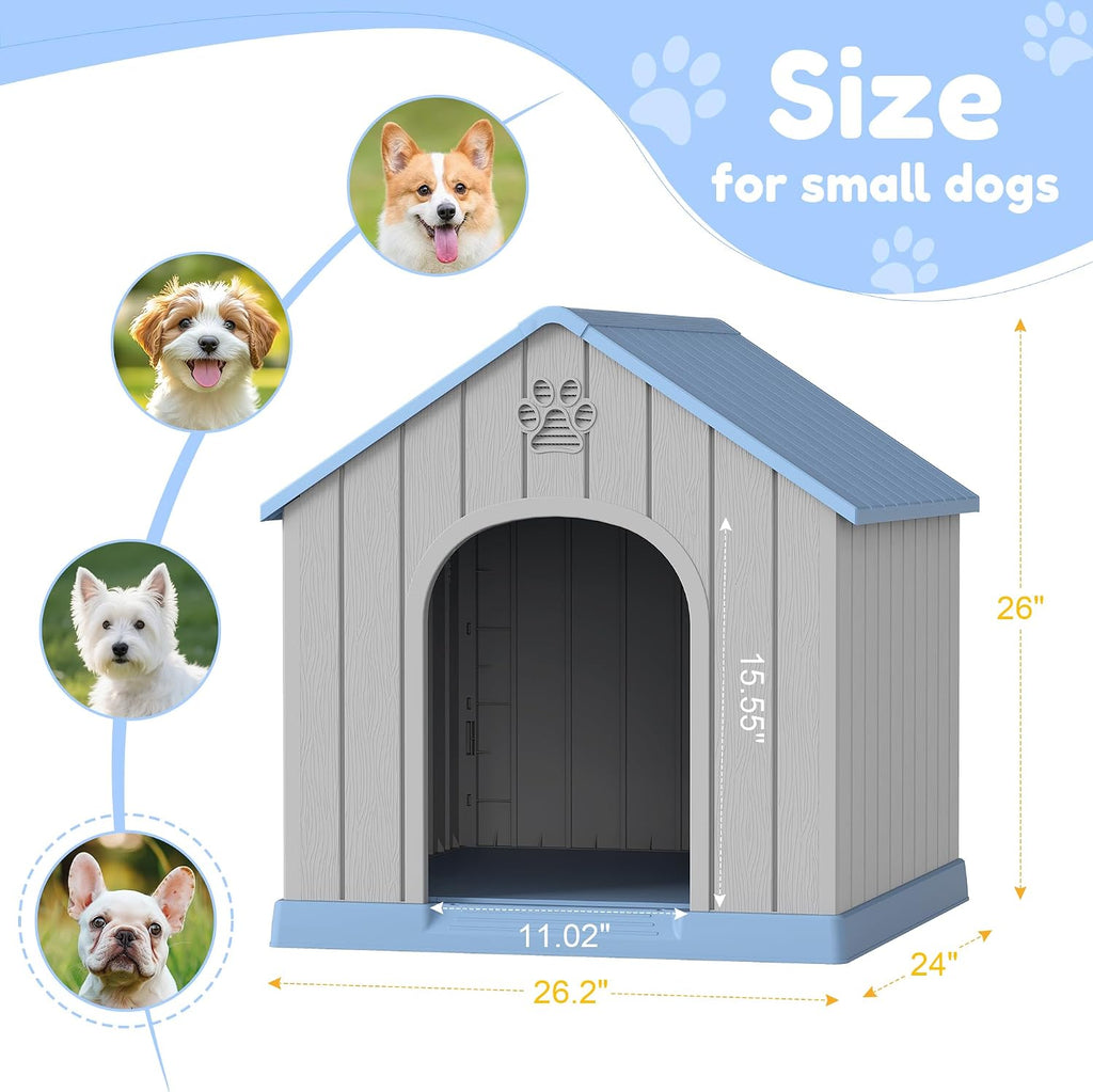 Fancyango Dog House Outdoor Indoor for Small Medium Dogs, Sturdy Plastic Waterproof Doghouse with Air Vents and Elevated Floor, Easy Clean and Assemble (Blue, 26.18''L × 24.02''W × 25.98''H)