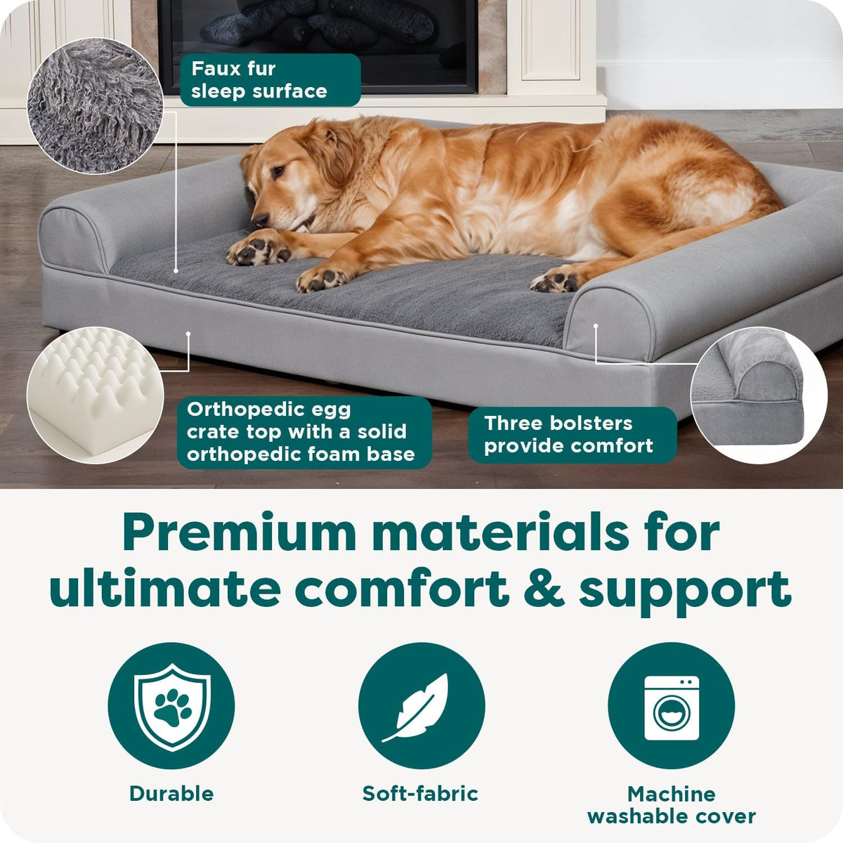 Furhaven Orthopedic Dog Bed for Large Dogs w/ Removable Bolsters & Washable Cover, For Dogs Up to 95 lbs - Plush & Suede Sofa - Gray, Jumbo/XL