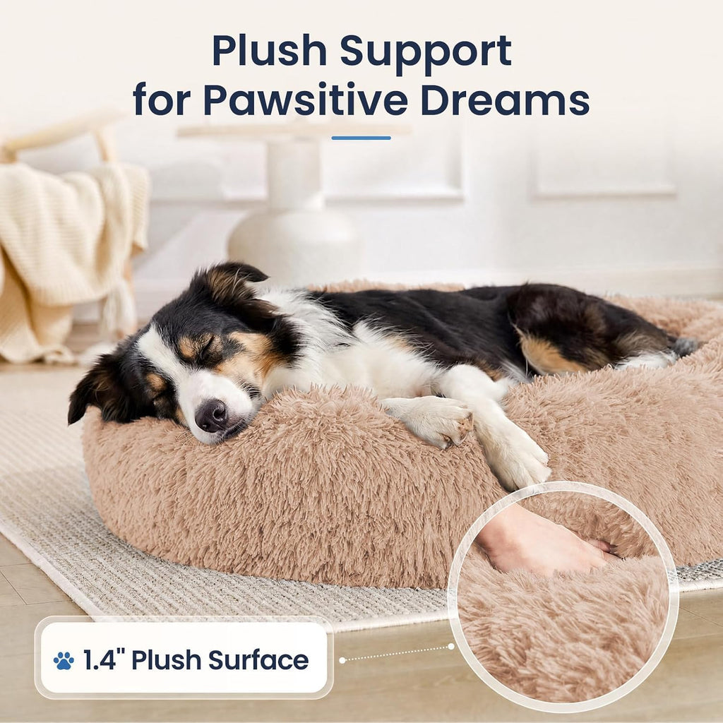 JOLLYVOGUE Calming Washable Dog Bed Medium Size Dog, 31 Inch Donut Medium Dog Bed with Removable Cover, Anti-Slip Round Fluffy Faux Fur Bed, Fits up to 45 lbs Pets, Camel