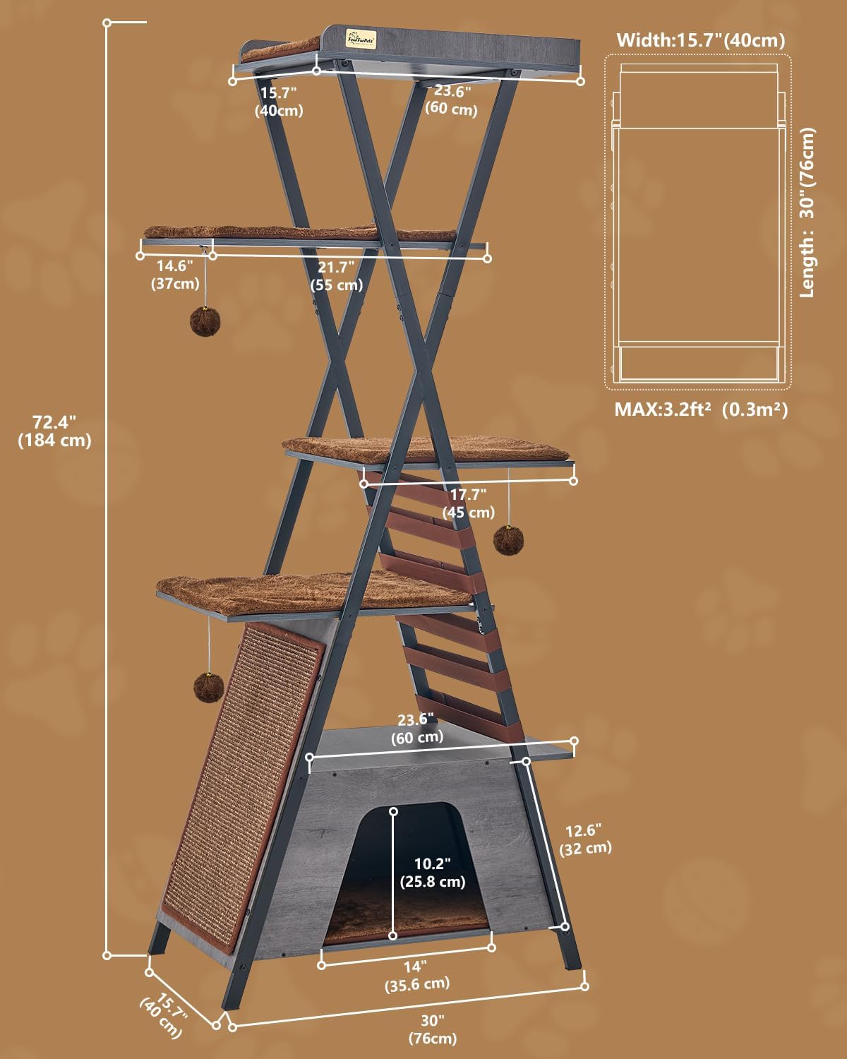 FourFurPets 72.4" Modern Cat Tree for Indoor Cats, Multi-Level Cat Condo