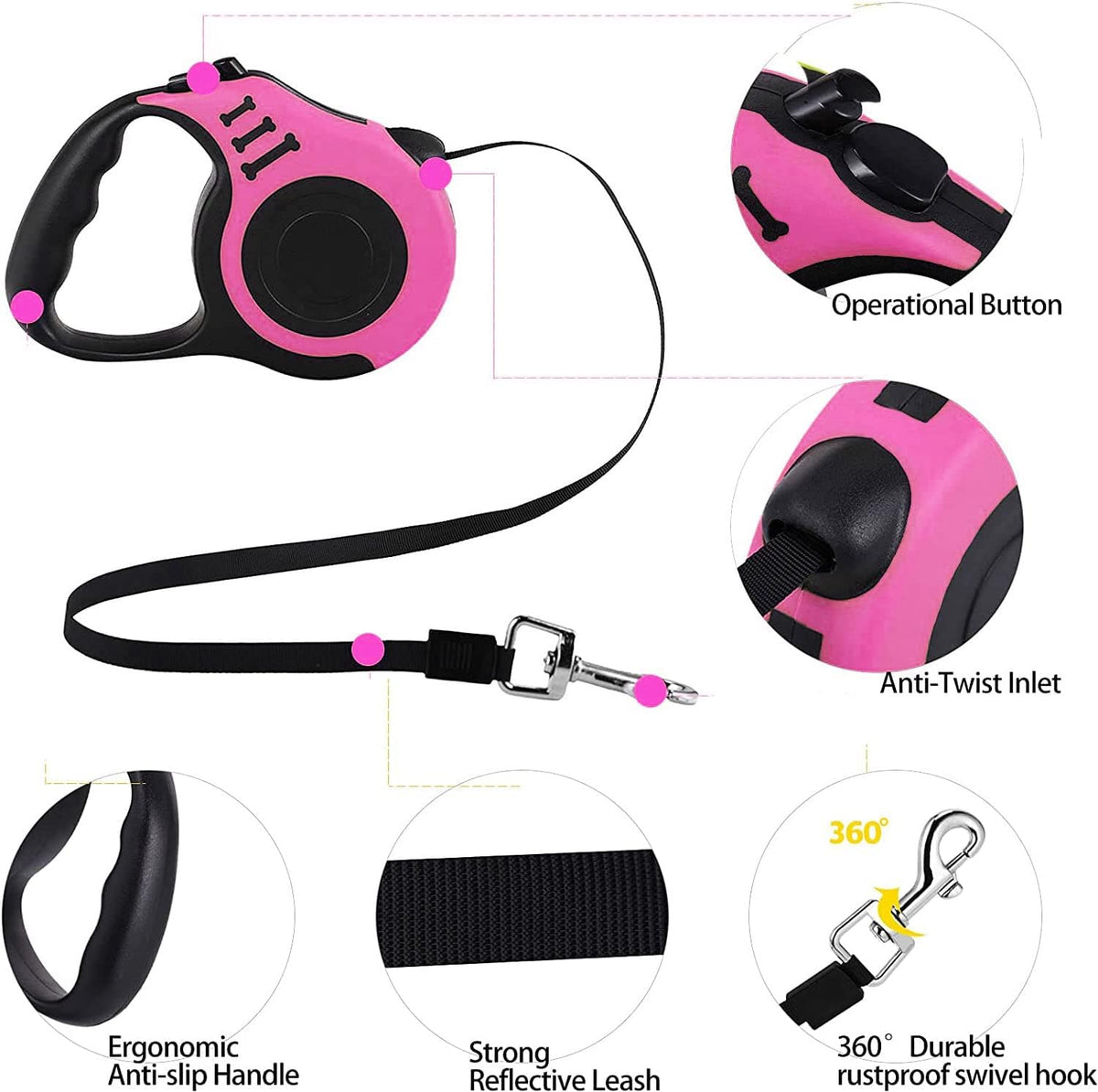 Retractable Dog Leash, Heavy Duty 10FT Leashes, Pink