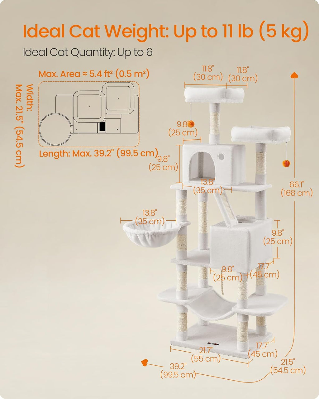 Feandrea Cat Tree, 66.1-in Large Cat Tower, Multi-Level Condo, Cream White