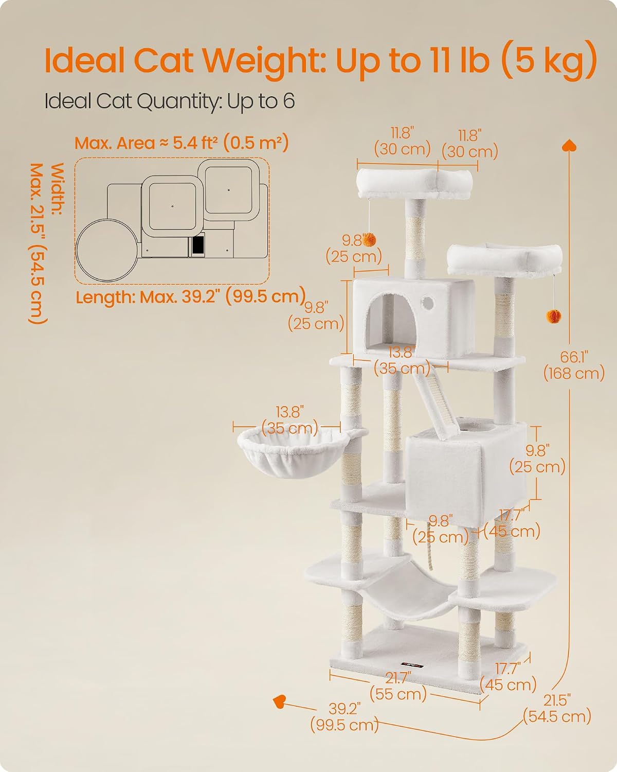 Feandrea Cat Tree, 66.1-in Large Cat Tower, Multi-Level Condo, Cream White