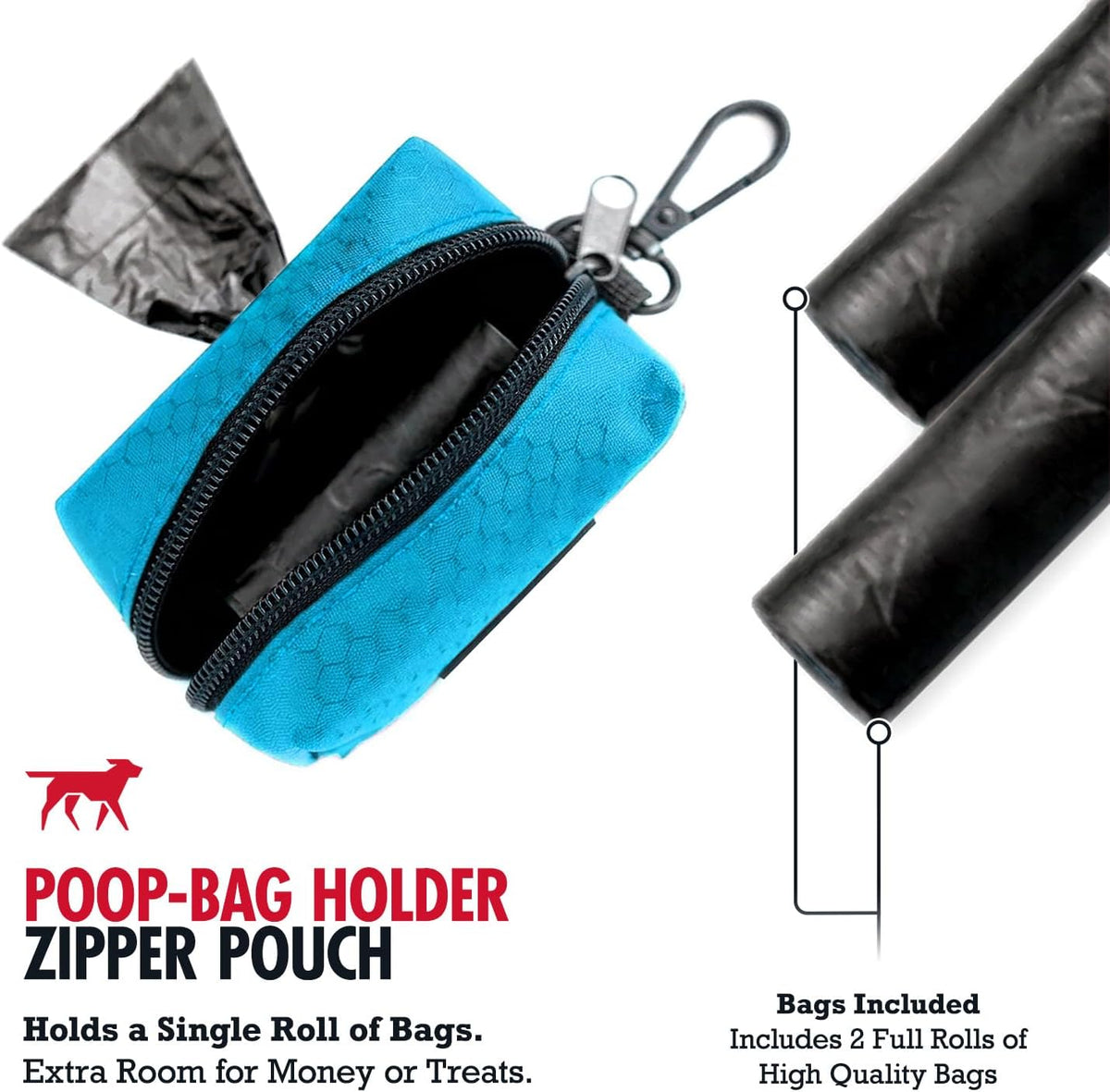 Tuff Pupper Dog Poop Bag Holder | Works with Any Dog Leash | Zippered Waste Bag Dispenser | Waterproof with Rust-Proof Clip | Convenient Lightweight Design | Includes 2 Rolls of Leak-Proof Bags