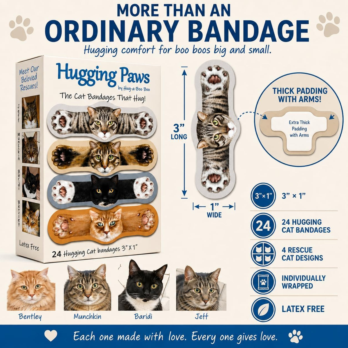Hugging Paws – Cat Themed Bandages from Hug-a-BooBoo, The Friendly Kitty Bandages that Hug! Beautiful Wound Coverings Feature Paintings of Actual Rescue Cats! Great Cat Lover Gift! 24 Count Box