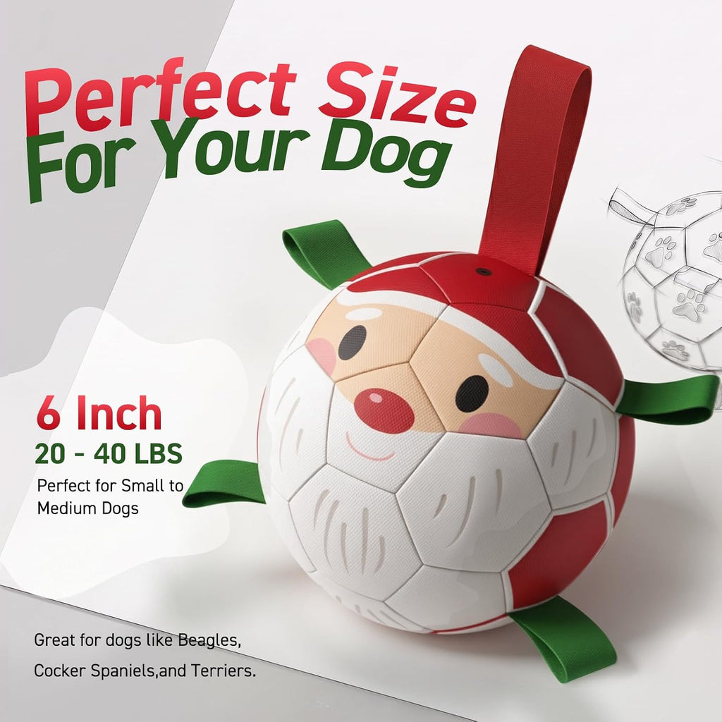 QDAN Christmas Dog Balls with Straps, Soccer Ball for Dogs for Small Medium Breed, Tug Toys for Dog Birthday, 6 Inch Outdoor Dog Toys for Fun