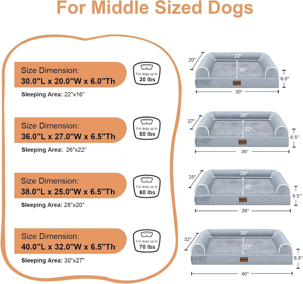 NANUYA Orthopedic Dog Bed for X-Large Dogs, 40 x 32 Inch, Light Grey