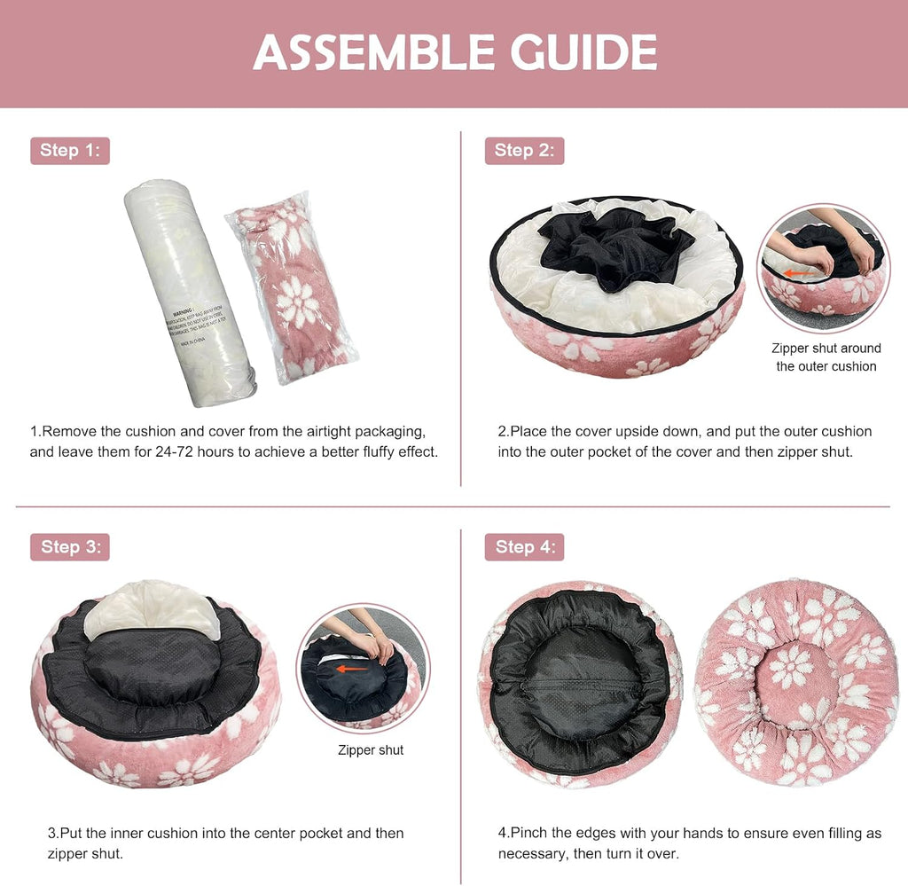 Donut Dog Beds, Calming Round Cat Beds for Indoor Cats, Pink, 23"