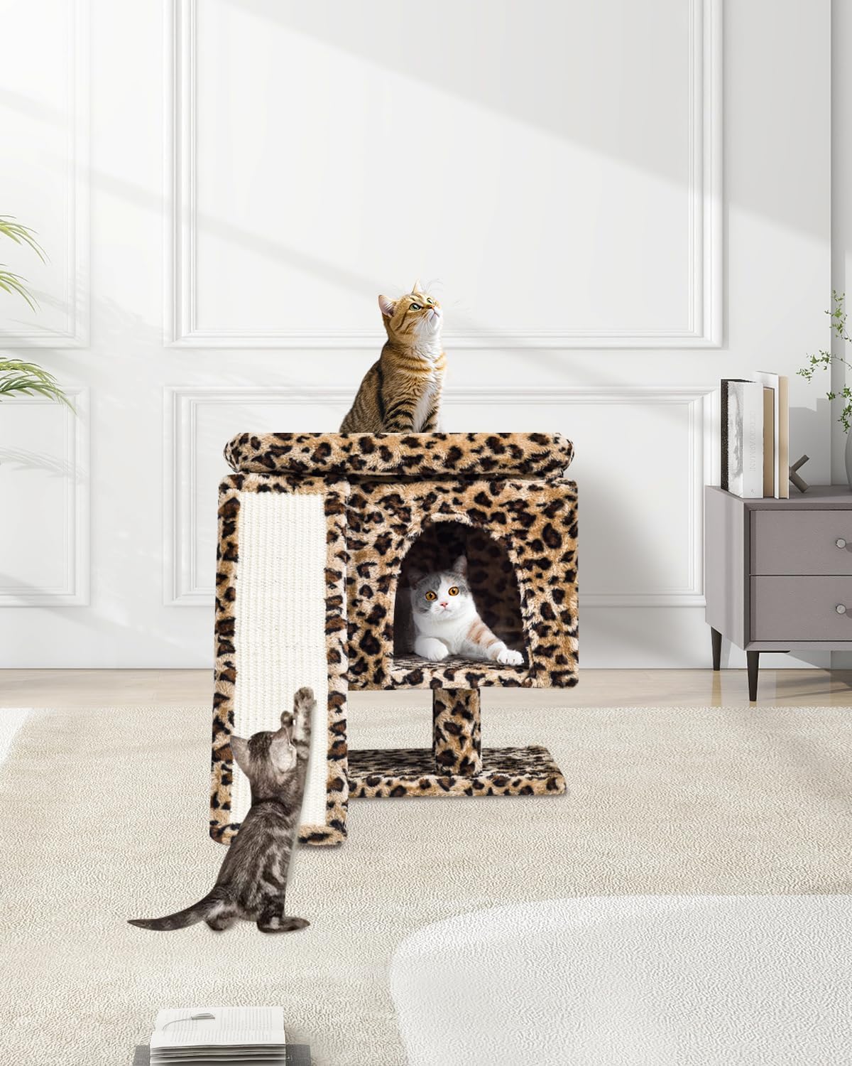SYANDLVY Small Leopard Print Cat Tree with Perch for Indoor Cats, Cat Tower with Scratching Post, Modern Activity House for Large Cats, Condo with Board, Kittens Cave