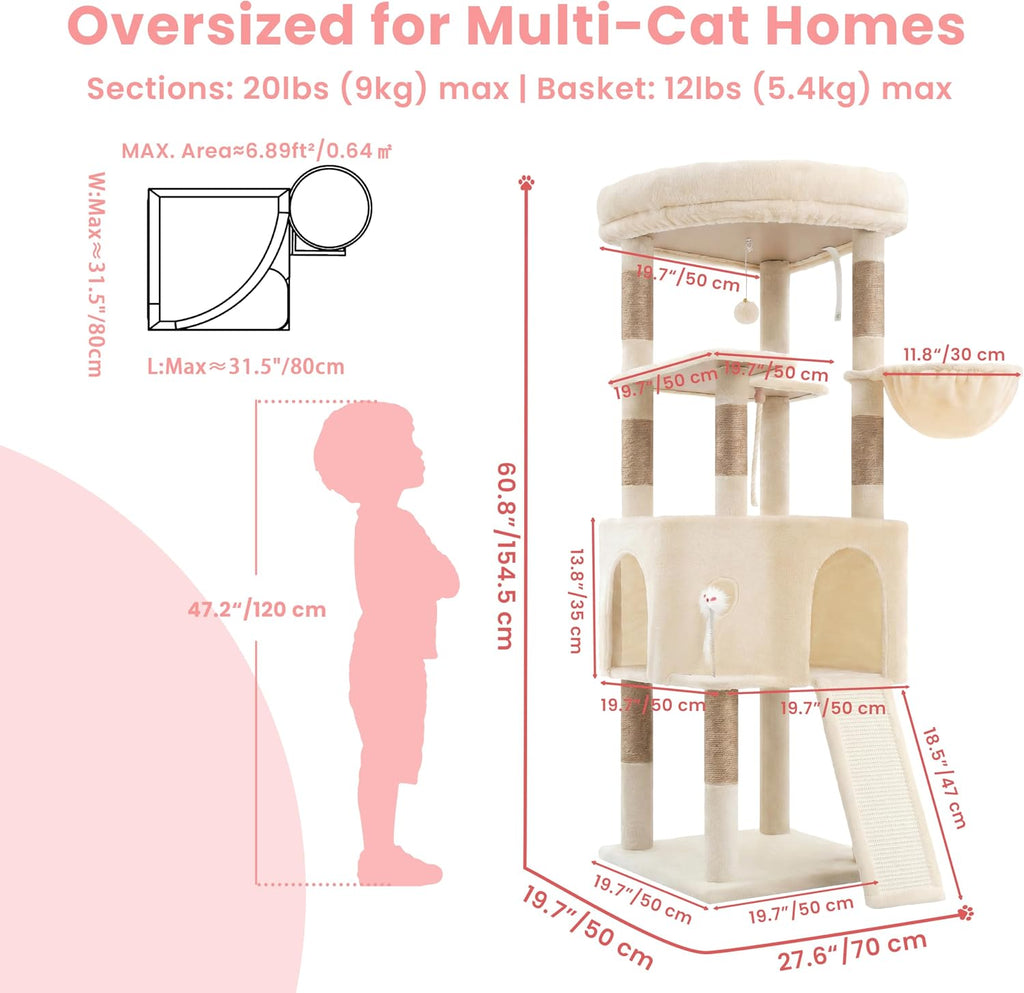 Cat Tree, 61 Inch Tall Cat Tower, Diamond-Shaped Cat Cave VCT001MJ
