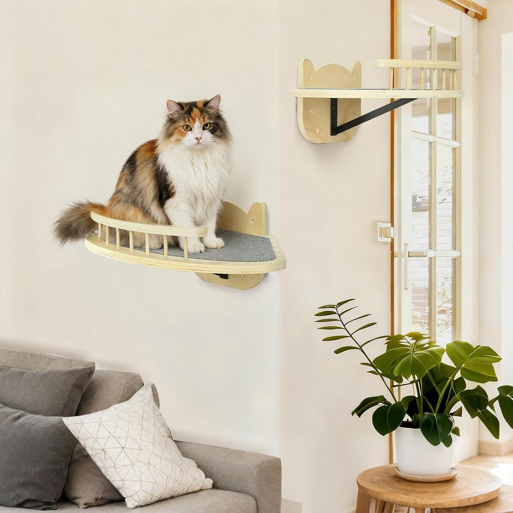 Cat Wall Shelves Furniture Set with Scratching Pad，Wooden Cat Climbing Wall Systems with 2 Perches and 3 Steps, Floating Shelves Bed Wall Mounted for Indoor Fit Up to 15Lbs (Burlywood)