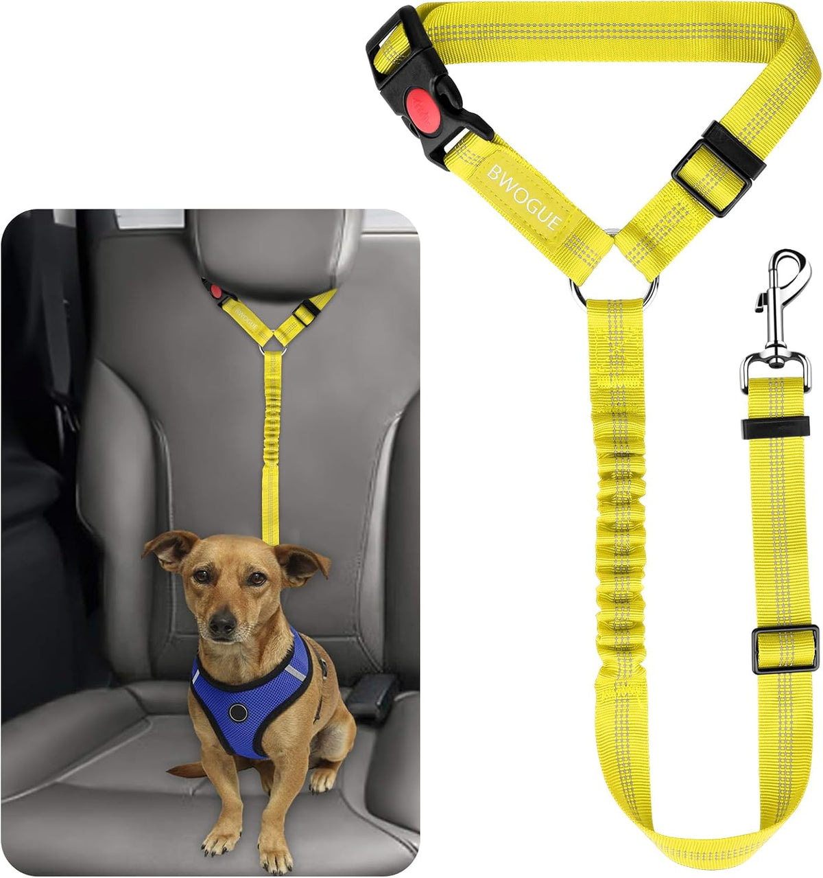 BWOGUE Dog Seat Belt for Car, Headrest Restraint Bungee Lead, Yellow