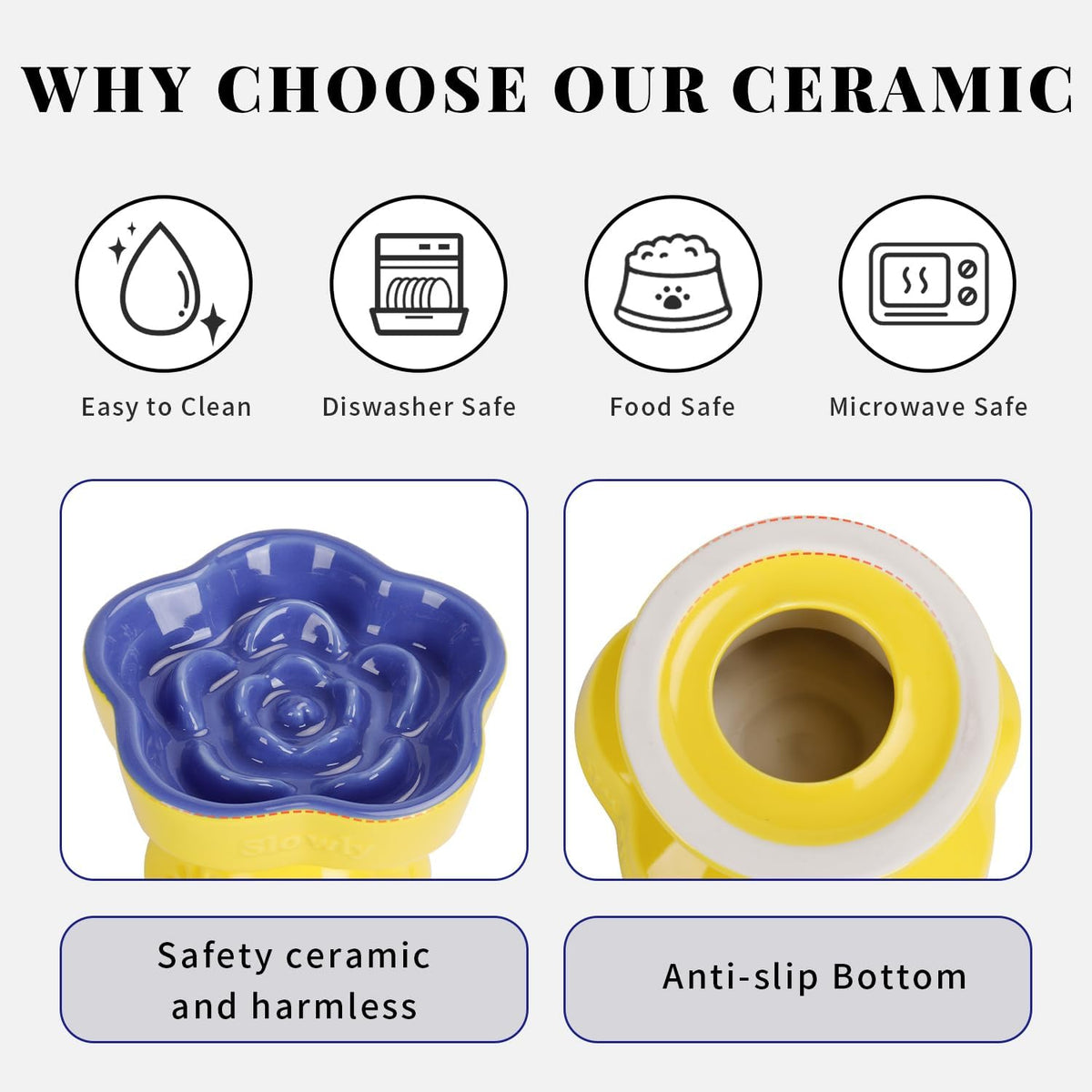 S&Q's CERAMICS Raised Slow Feeder Cat Bowl, Ceramic Elevated and Titled Pet Food Bowl, Small Dogs Slow Feeder, Flower Shaped Dish for Dry and Wet Food (Blue, 5.8")