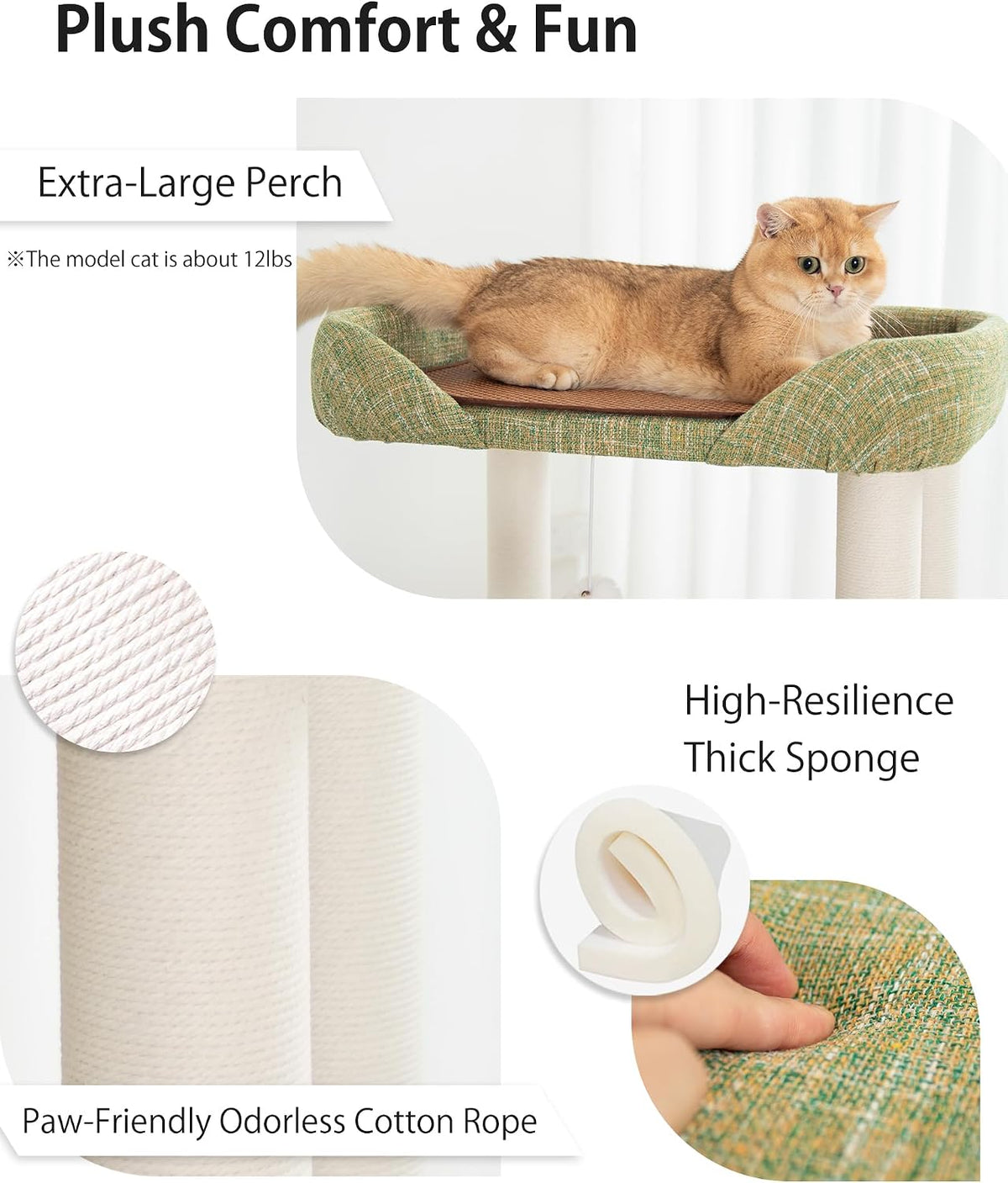 37.5" Cat Tree Tower for Large & Senior Cats, Low-Step Design