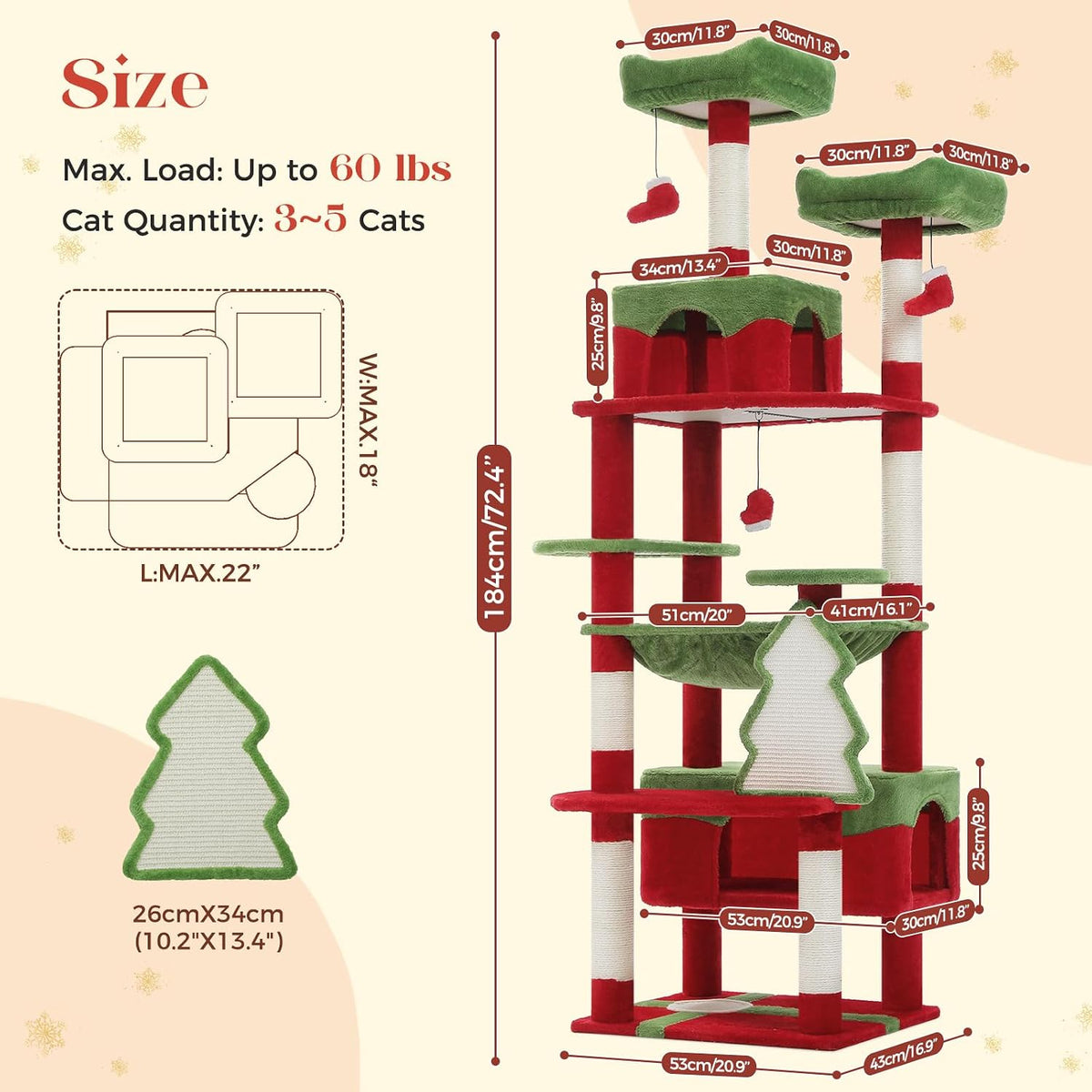 PAWZ Road Christmas Cat Tree, 72" with Big Condo, Hammock & Xmas Scratcher