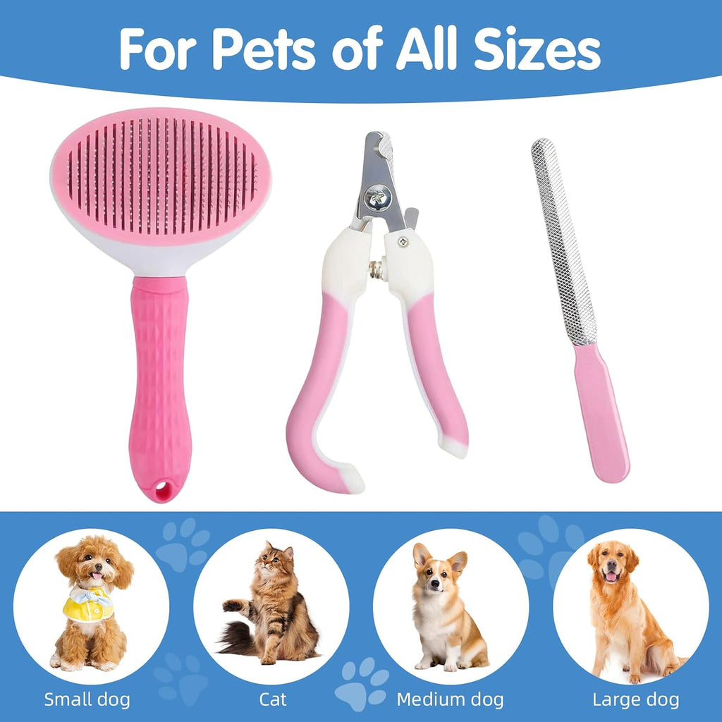 Oromaviela 3PCS Dog Cat Rabbit Bunny Grooming Kit, Self-Cleaning Slicker Dog Brush for Shedding, Fine-Needle Comb, Pet Nail Clipper & File for Long/Short-Haired Pets, Easy to Remove Loose (3, pink)