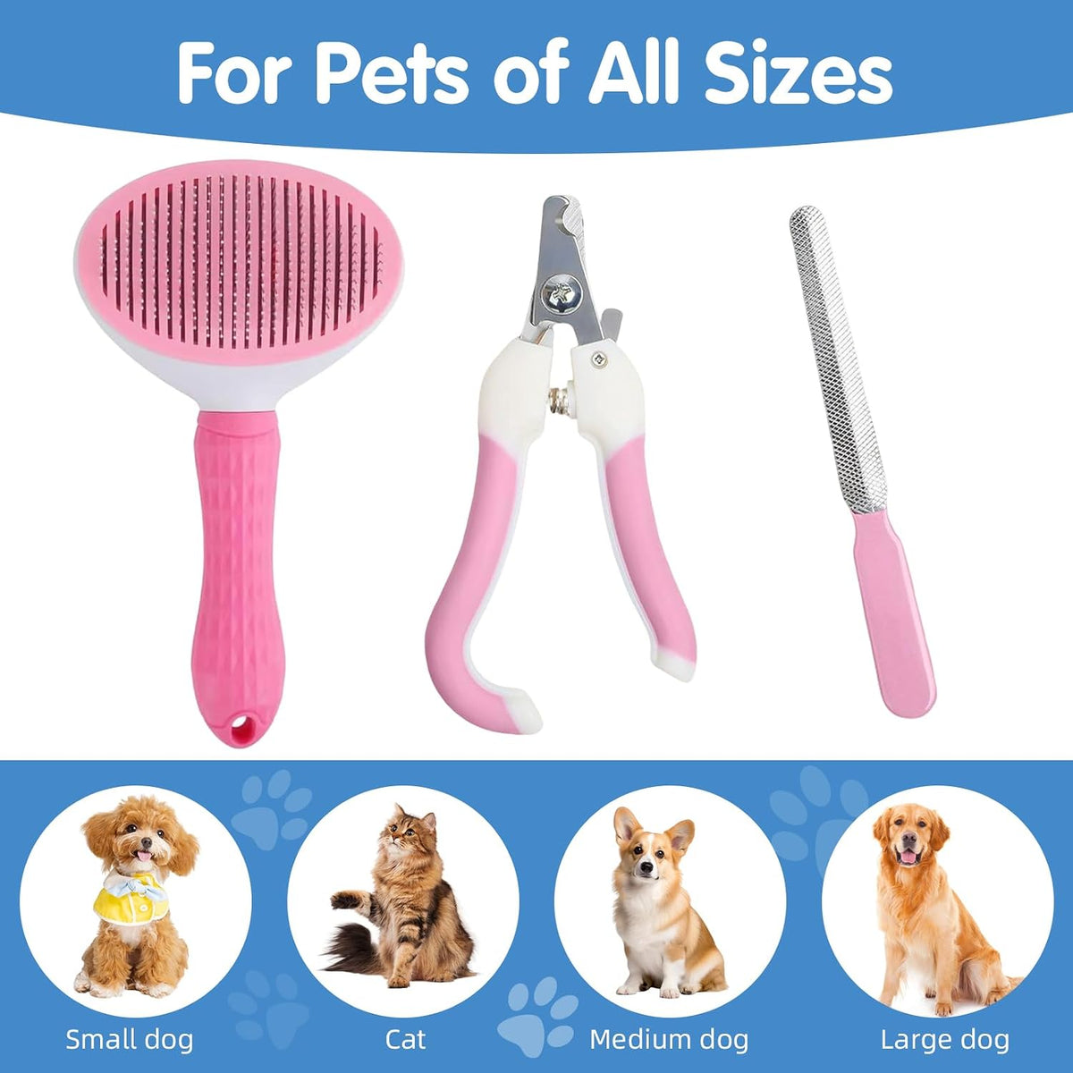 Oromaviela 3PCS Dog Cat Rabbit Bunny Grooming Kit, Self-Cleaning Slicker Dog Brush for Shedding, Fine-Needle Comb, Pet Nail Clipper & File for Long/Short-Haired Pets, Easy to Remove Loose (3, pink)