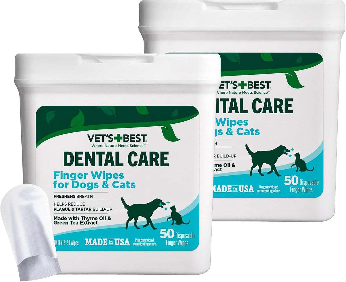 Vet's Best Finger Dental Wipes for Dogs & Cats–Oral Care Wipes for Teeth Cleaning, Fresh Breath, and Tartar Control – Gentle Finger Pads for Pet Dental Hygiene and Plaque Removal,50 Count(Pack of 2)