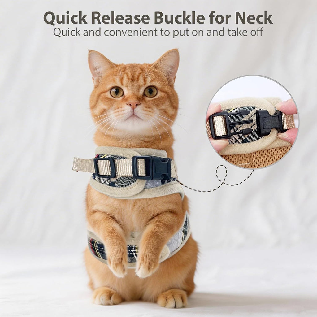 AIITLE Plaid Adjustable Cat Harness and Leash Set Escape Proof, Beige L