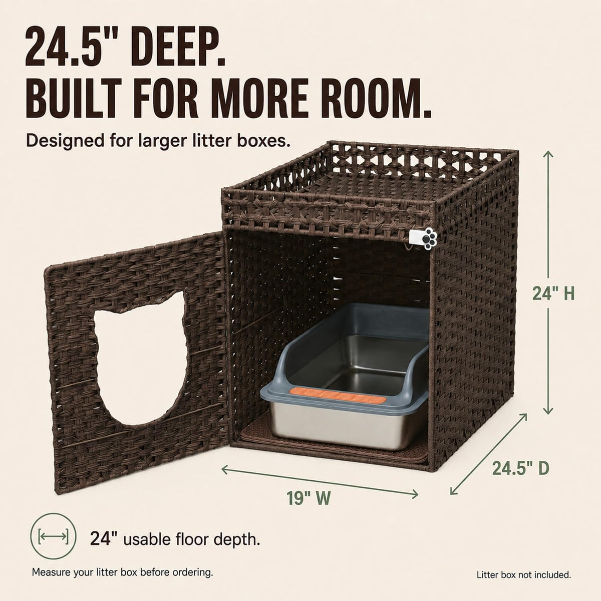 Handwoven Rattan Cat Litter Box Enclosure for Large Litter Boxes, Hidden Cat House Furniture with Fitted Litter Mat and 2 S-Hooks, 24.5" D x 19" W x 24" H, Brown