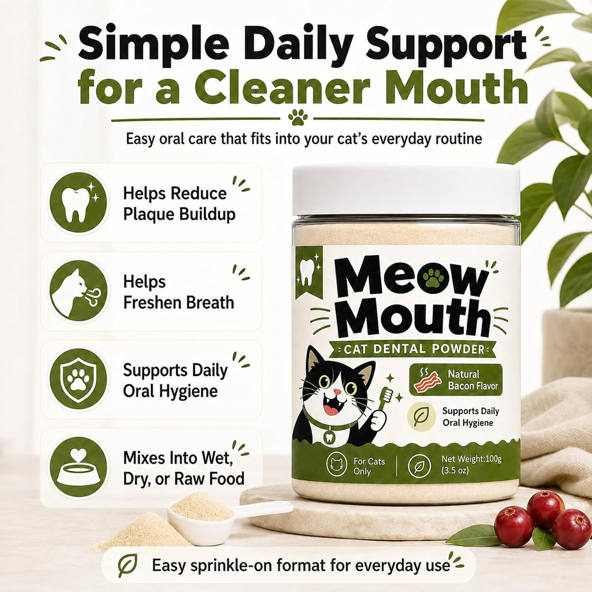 Meow Mouth Cat Dental Powder, Cat Teeth Cleaning Powder, 3.5 Oz