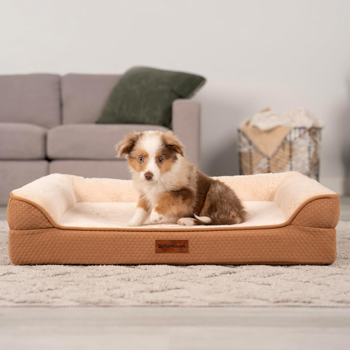 Furhaven Plush & Embossed Velvet Cooling Gel-Top Dreamer Sofa Pet Bed, Cognac, Medium