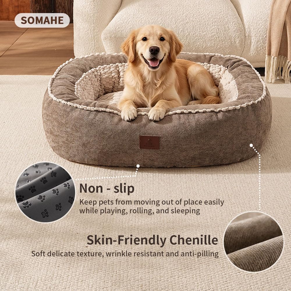 SOMAHE Calming Oval Bolster Dog Bed, Washable Cover, Large 35x28x8 Coffee