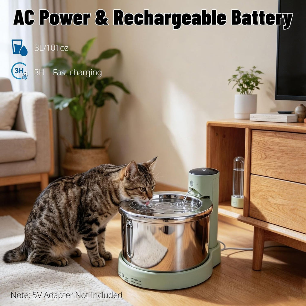 Wireless Stainless Steel Cat Water Fountain, 3L Induction Dispenser