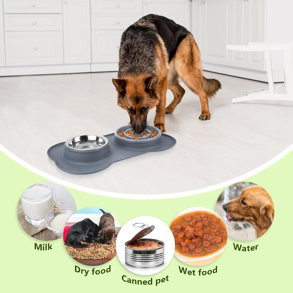 Pecute Slow Feeder Dog Bowls to Slow Down Eating, Dog Slow Feeder Bowl | No-Spill Non-Skid Silicone Mat, Food-Grade Safe Dog Food Bowls Slow Feeder, Stainless Steel Dog Water Bowl for Dogs Cats（L) 