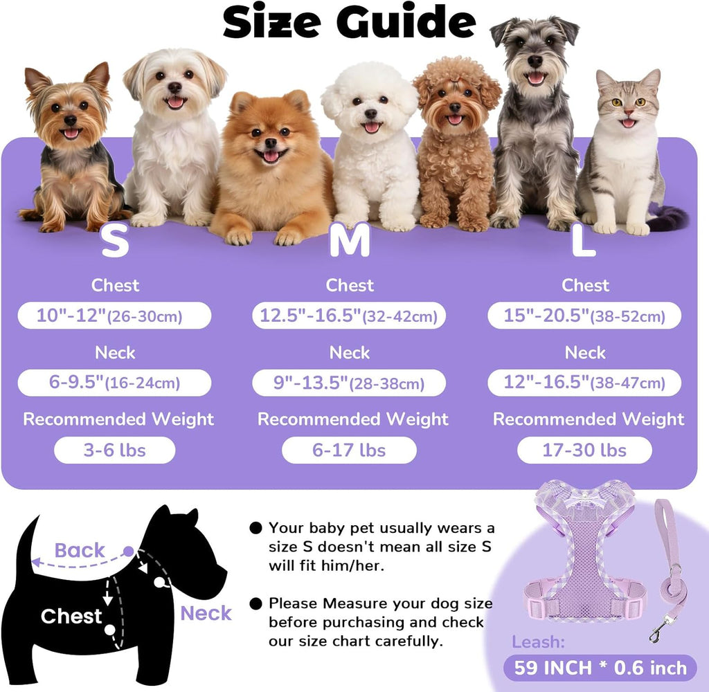 ABRRLO Cute Puppy Harness and Leash Set for Small Dogs Cats Girls,Purple S
