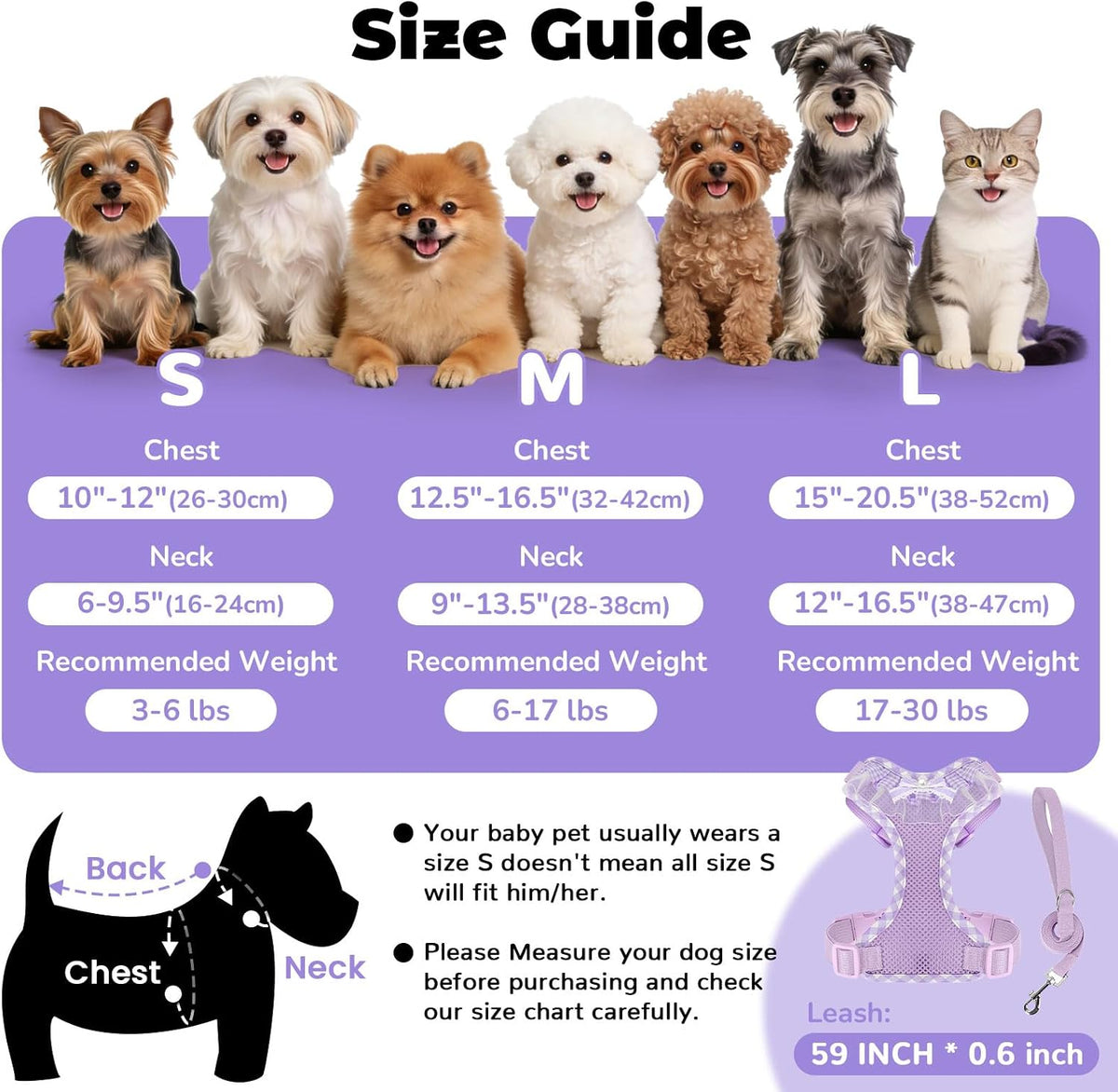 ABRRLO Cute Puppy Harness and Leash Set for Small Dogs Cats Girls,Purple S