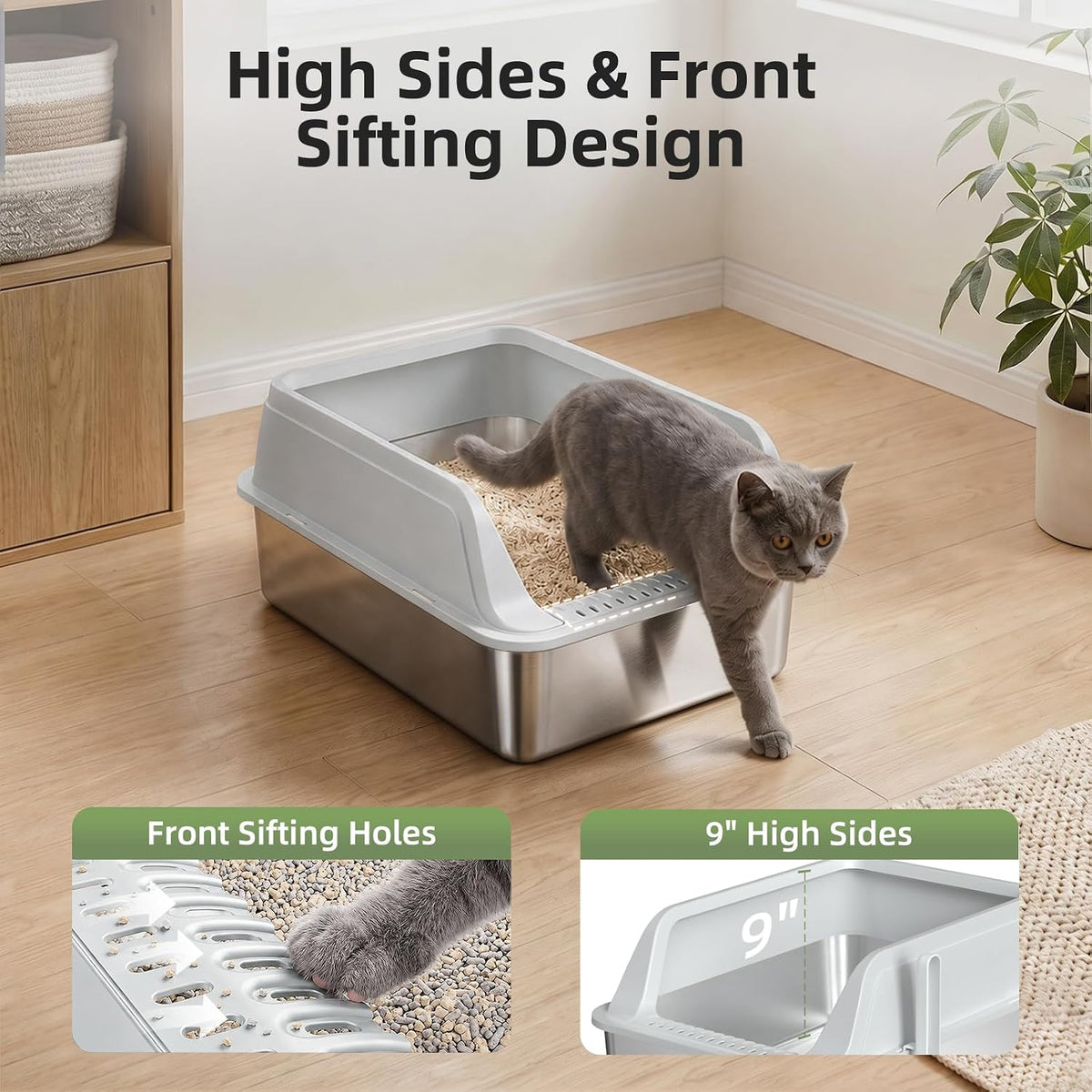 FURTIME Stainless Steel Cat Litter Box with Lid 2Pcs, Enclosed Litter Boxes