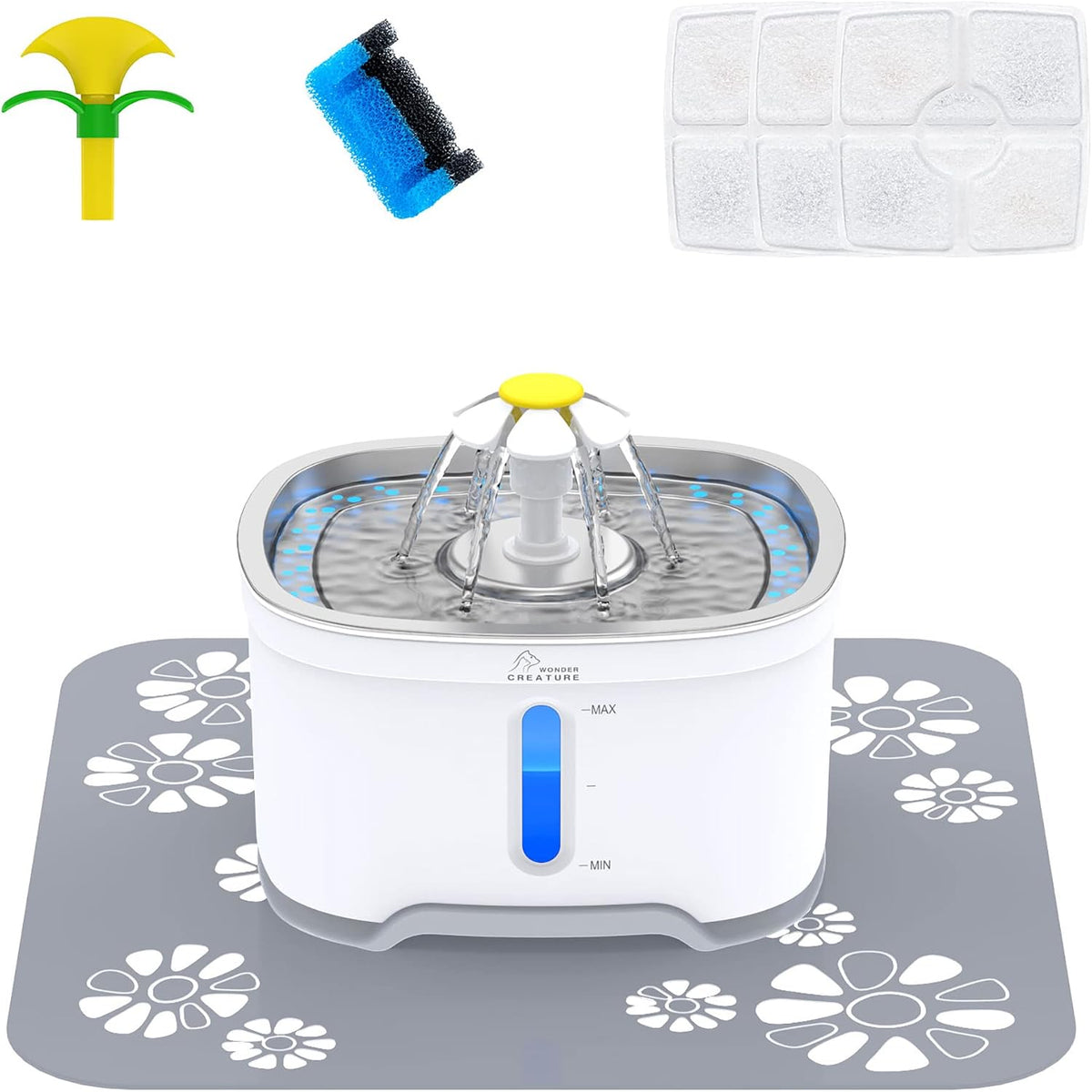 Wonder Creature Cat Water Fountain Stainless Steel Lid with 3 Filters, 84oz