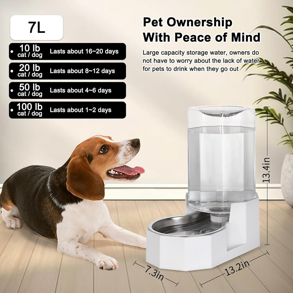 Sfozstra Dog Water Bowl Dispenser: 7L White Gravity Stainless Steel Bowl