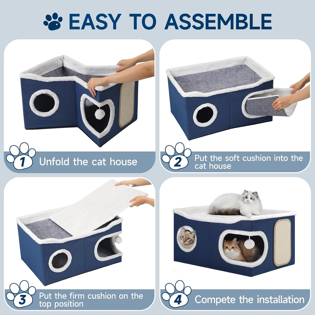 Shikha Extra Large Cat House Bed for Multi Cats with Scratch Pad Blue