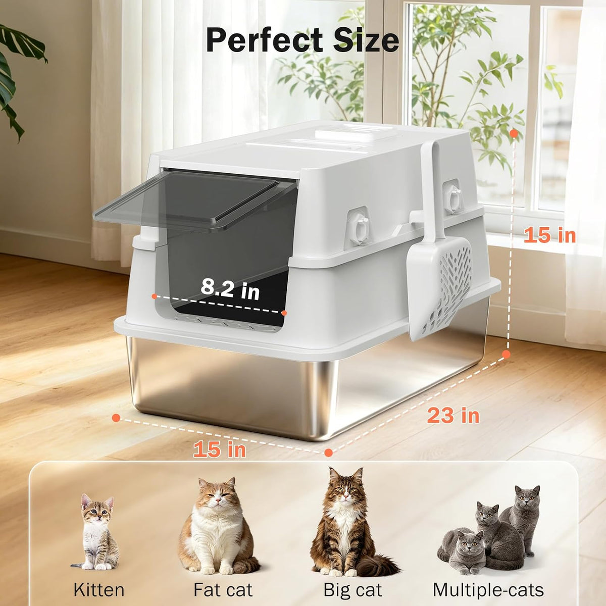Stainless Steel Litter Box with Lid, Heavy Duty Extra Large Enclosed Metal Cat Litter Pan, Built-in Carry Handle & 120° Flip-Top for Easy Clean, Leak-Proof with Cat Scoop Holder & Odor Control, Gray