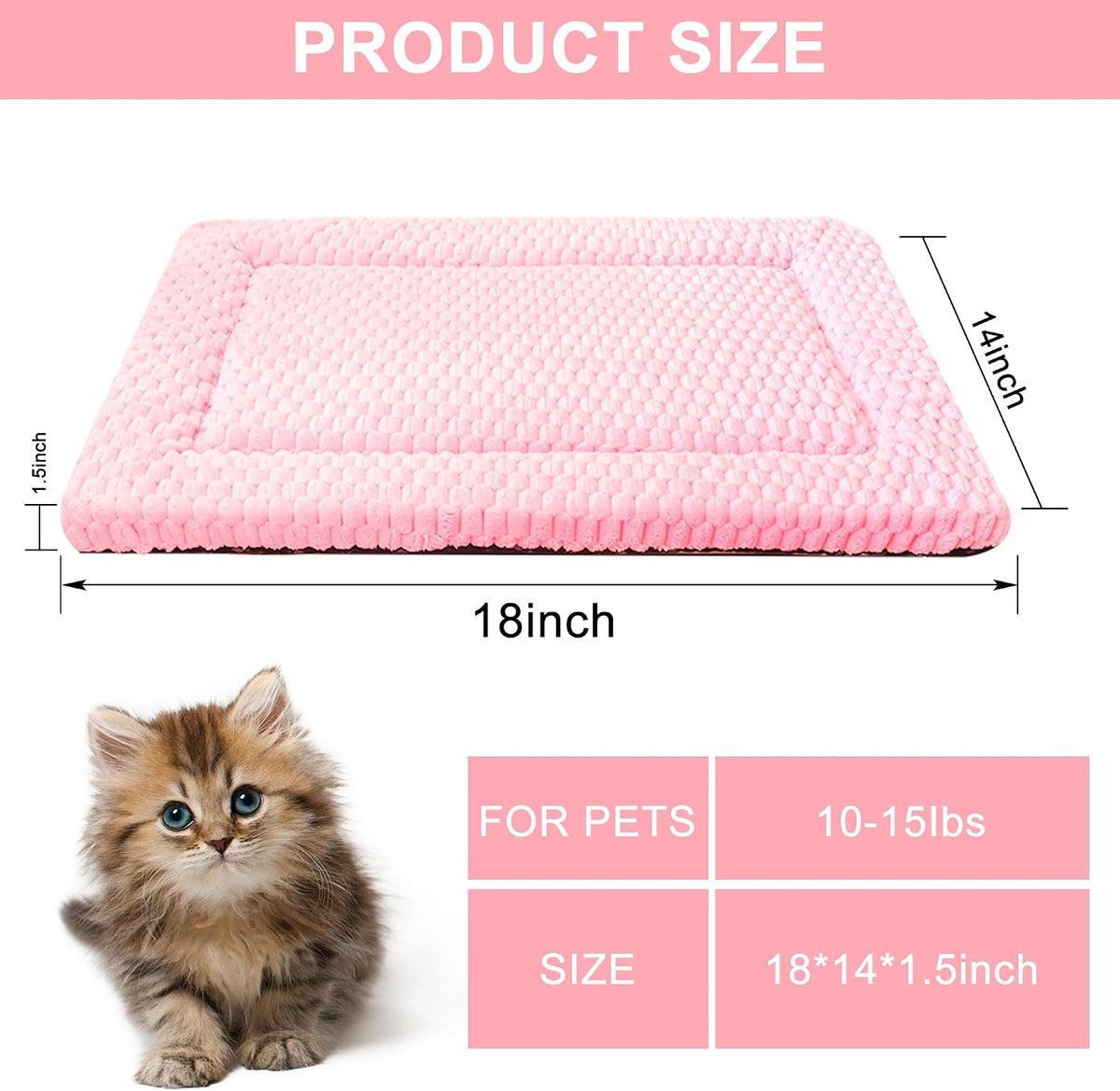 Dog Bed Mat,Reversible & Ultra Soft Kennel Pad-Machine Washable Pet Bed for Dogs & Cats-All-Weather Crate Liner for Crates,Carriers & Travel (Pink, 18" L x 14" W x 1.5" Th)