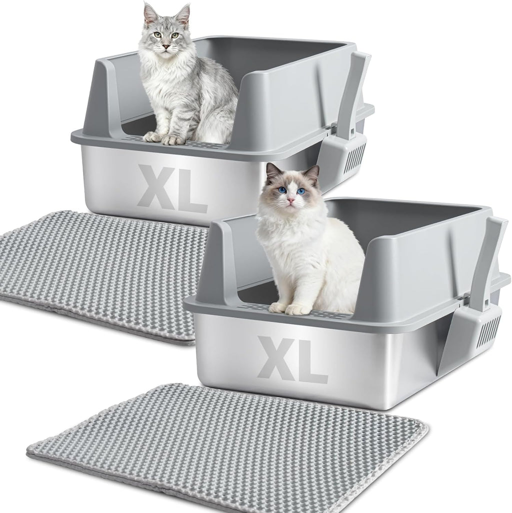 XL Stainless Steel Litter Box with Lid, Extra Large Cat Litter Box | 2Pack Metal Cat Litter Box for Big Cats, High Sided, Easy Cleaning ,Odor-Free Includes Scoop and Mat