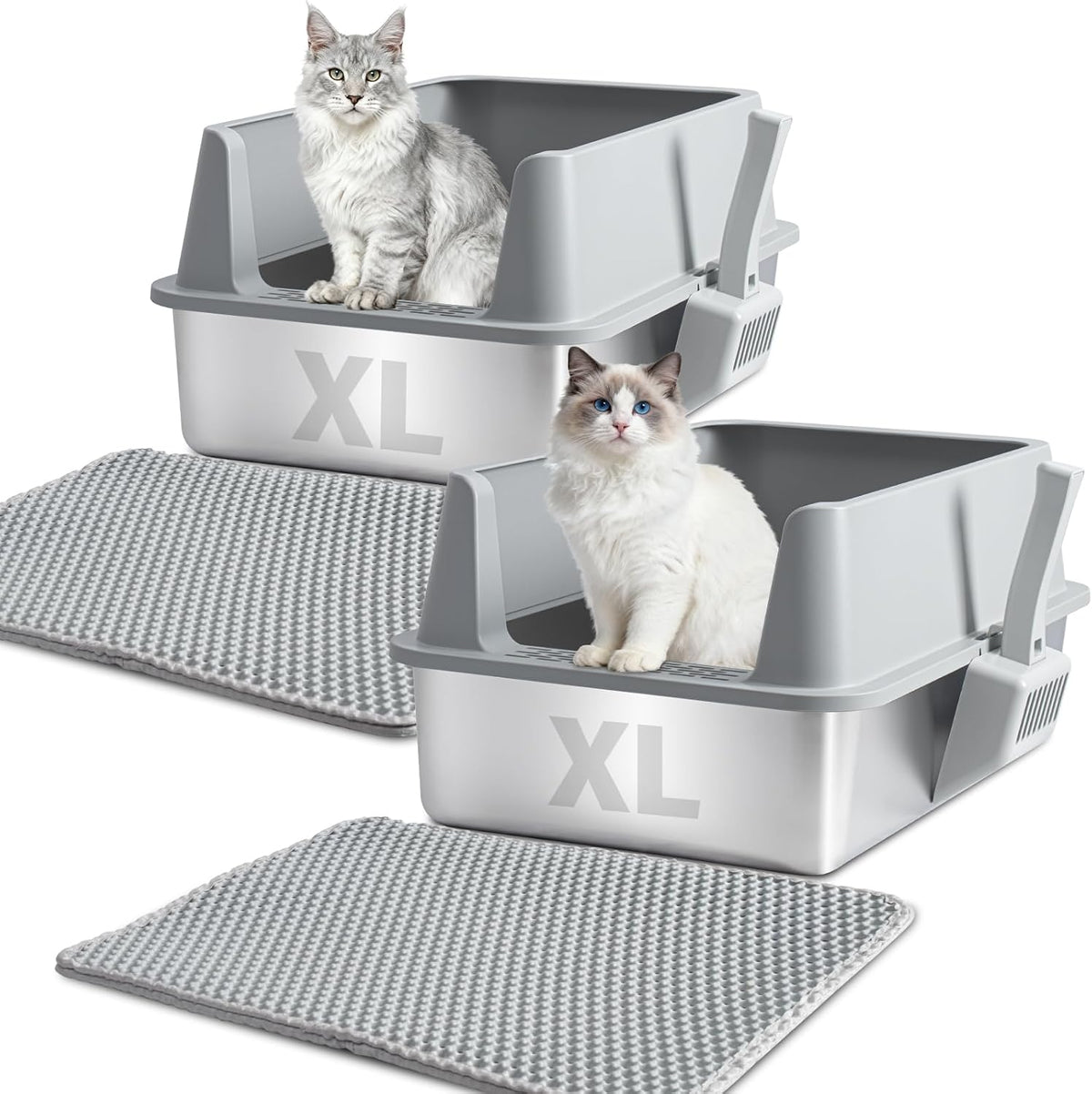 XL Stainless Steel Litter Box with Lid, Extra Large Cat Litter Box | 2Pack Metal Cat Litter Box for Big Cats, High Sided, Easy Cleaning ,Odor-Free Includes Scoop and Mat