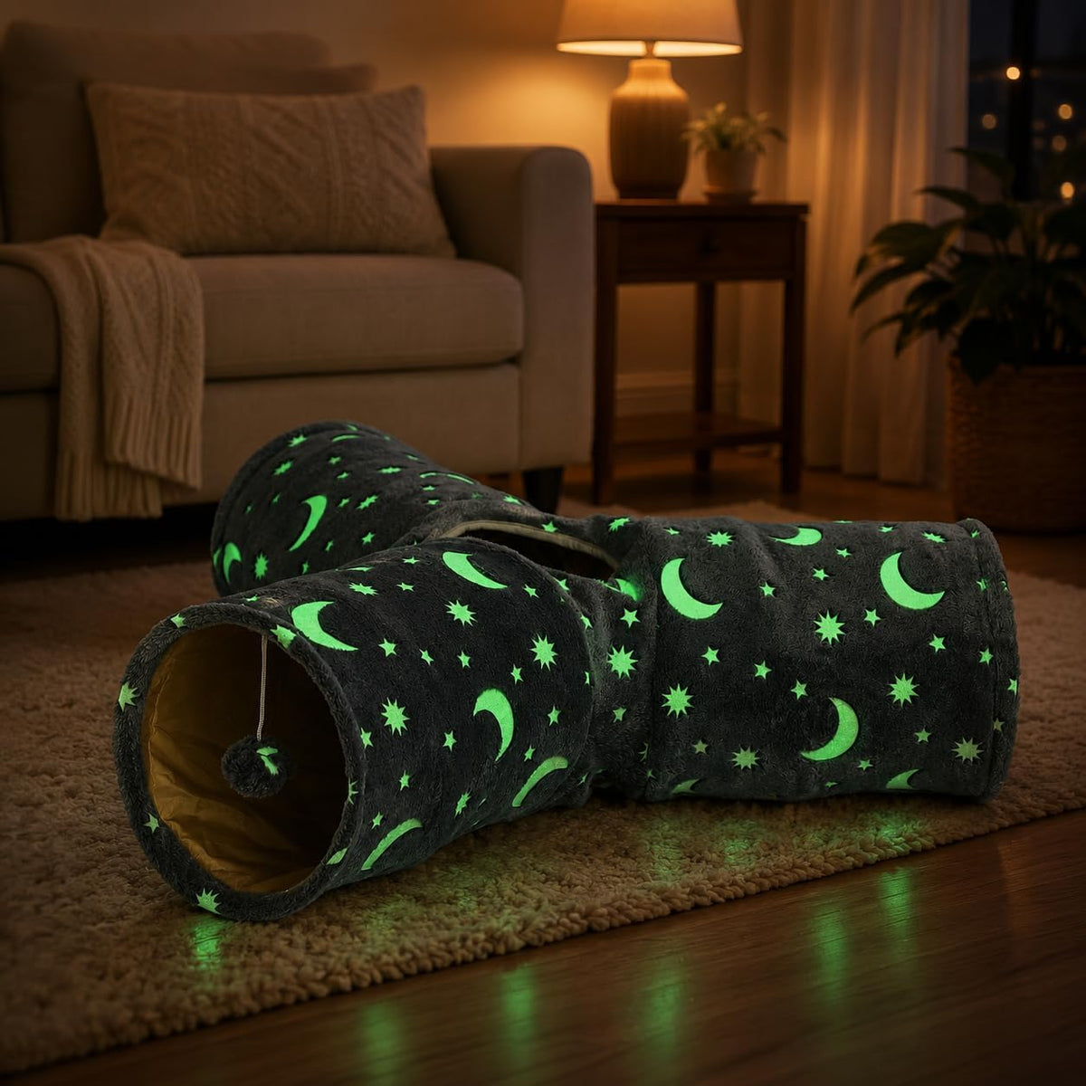 Cat Tube Tunnel with Plush Ball Toys Collapsible Self-Luminous, for Cat Small Pets Bunny Rabbits, Kittens, Ferrets,Puppy and Dogs Grey Moon Star 3 Way