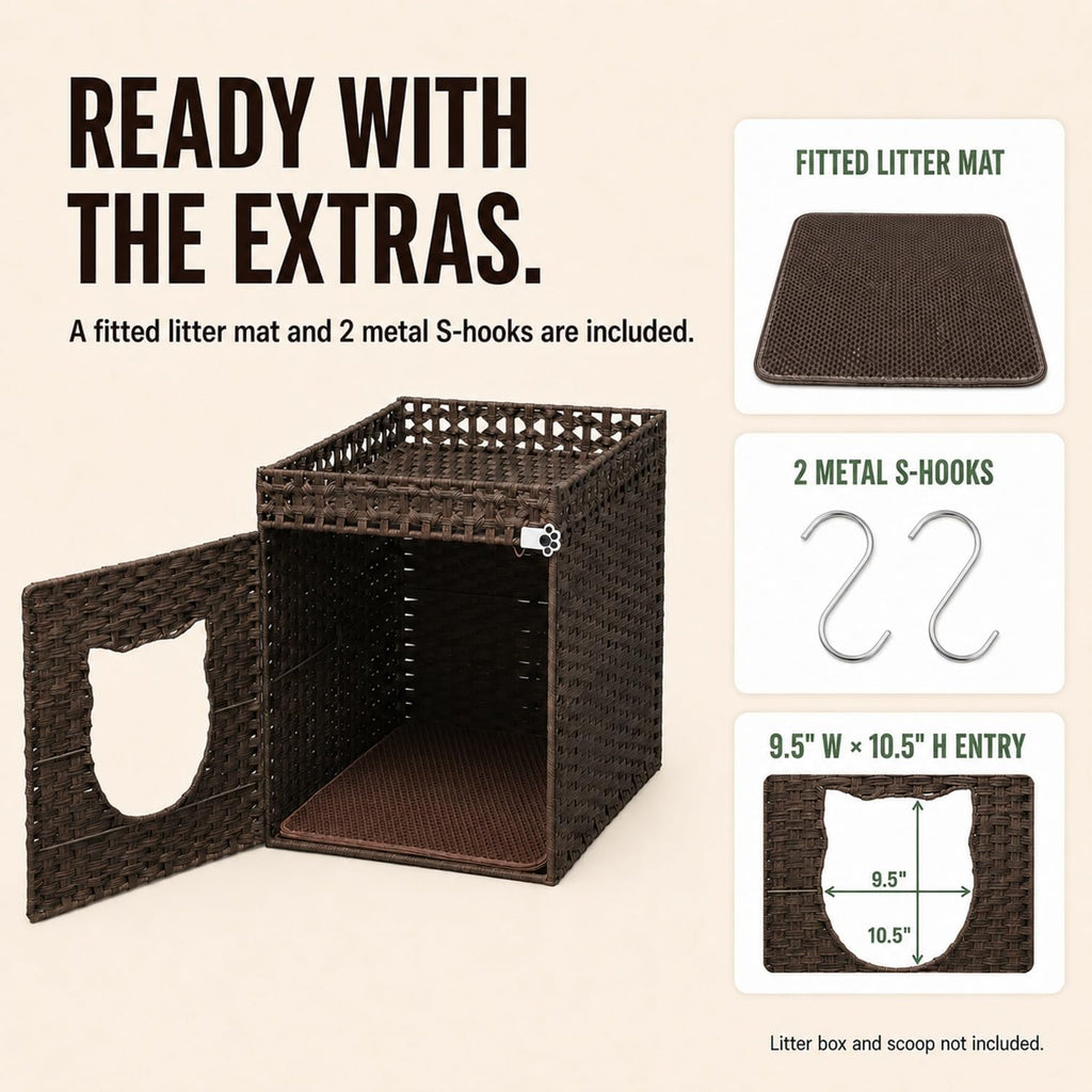 Handwoven Rattan Cat Litter Box Enclosure for Large Litter Boxes, Hidden Cat House Furniture with Fitted Litter Mat and 2 S-Hooks, 24.5" D x 19" W x 24" H, Brown