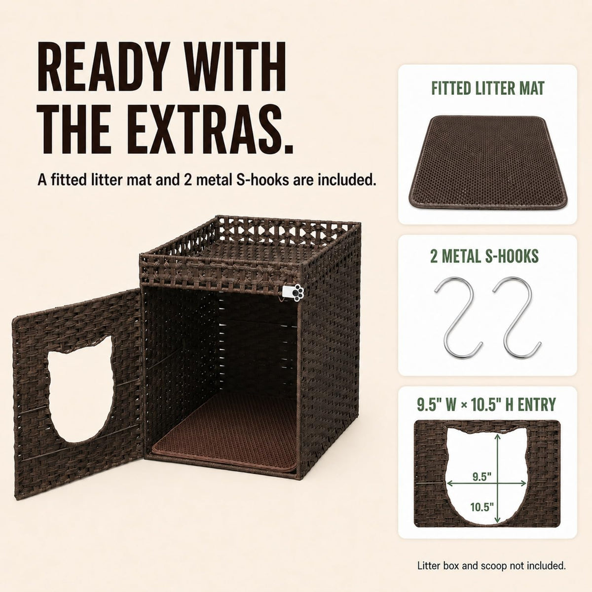 Handwoven Rattan Cat Litter Box Enclosure for Large Litter Boxes, Hidden Cat House Furniture with Fitted Litter Mat and 2 S-Hooks, 24.5" D x 19" W x 24" H, Brown
