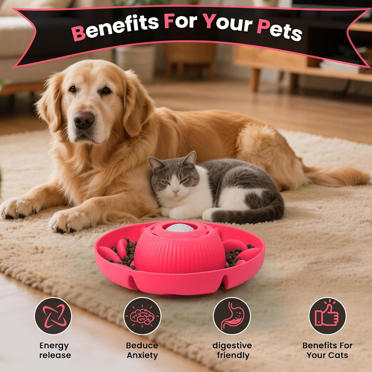 PUPPYGANG 2-in-1 Slow Feeder Dog Bowl & Dog Lick Bowl for Medium Large Dogs, Silicone Puzzle Feeder with Removable Lick Ball, Suction Base Bowl for Kibble, Wet Food, Yogurt & Peanut Butter (Red)