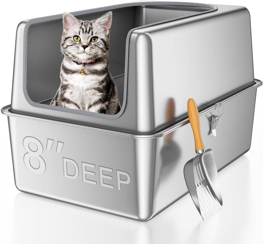 16'' High Sides XXXL All Stainless Steel Cat Litter Box with Lid,8'' Deep Metal Litter Box for Big Cats,Extra Large Litter Boxes with High Wall Enclosure,Anti-Leakage,Never Absorbs Odors,Non-Sticky