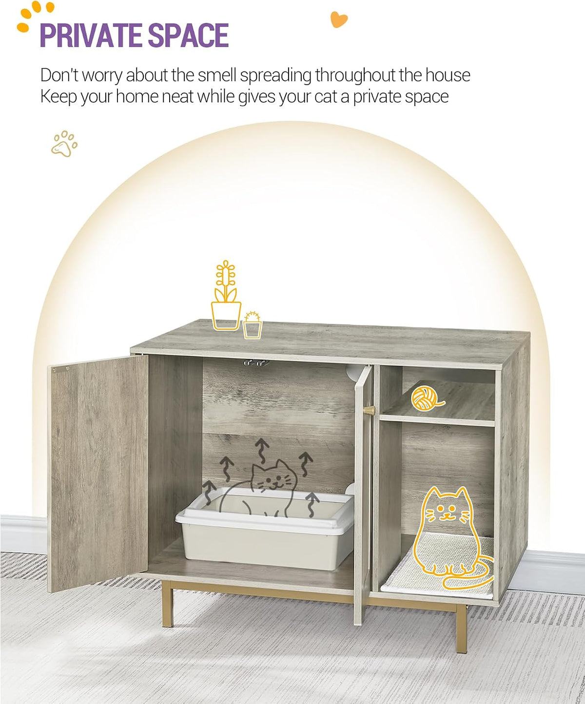 Hzuaneri Cat Litter Box Enclosure, Hidden Litter Box Furniture with Storage | Large Wooden Cabinet with Sisal Mat, Modern Cat Washroom for Living Room, Bedroom, Entryway, Greige and Gold CB01505G