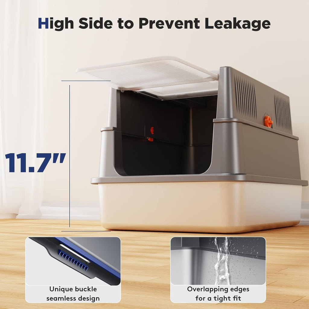 FURTIME Small Enclosed Stainless Steel Litter Box with Lid for Kitty | Metal Cat Litter Box for Small Cats, Kitten Cat Box with High Sided Enclosure & Scoop, Odor Free, Anti-Leakage, Grey