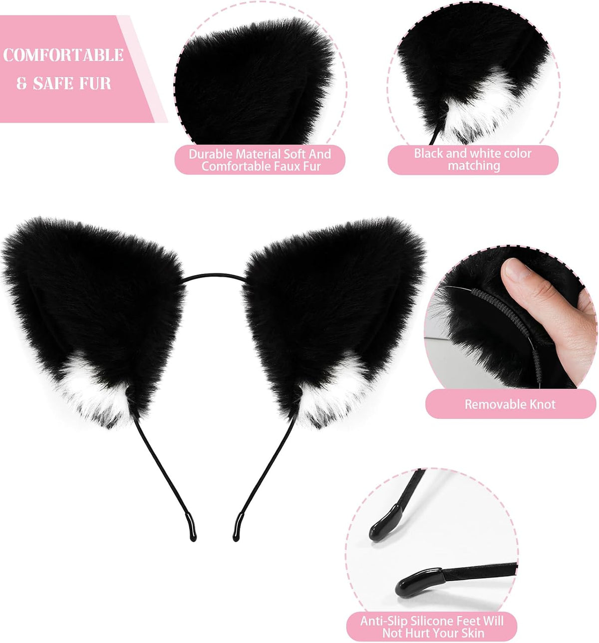 Cat Ears and Tail,Wolf Fox Ears Long Tail and Bell Lace Choker Set for Halloween,Animal Cosplay Party Costume
