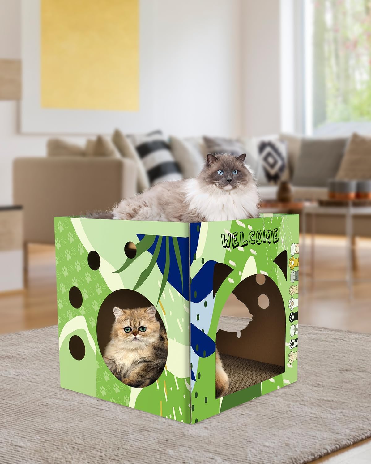 Bissap Cat Cardboard House, Large Thickened Play House with 2 Story Scratch Pads Bed Scratching Lounge for Indoor Cats Kittens Breathable Cube Shelter Corrugated Scratcher Box Toy