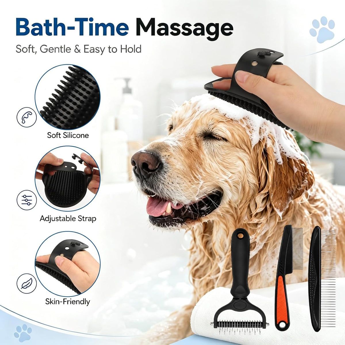 Double-Sided Pet Grooming Rake Set of 4, with Metal Comb Flea Comb Bath Brush for Long & Short Haired Pets to Effectively Remove Tangles, Knots and Mats